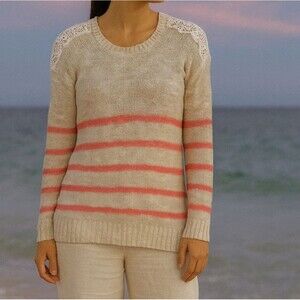 Beige Coral Open Knit Sweater Scoop Neck Striped Beige Pink L/S Tunic Beachy Coa